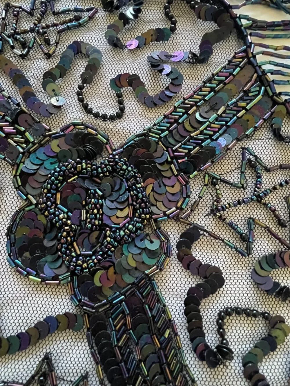 Vintage 80s iridescent Black Blue Beaded Sequin Fringe Capelet Shawl Holographic